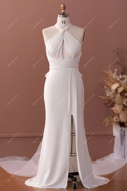 Instant Discount Halter Neck Stretchy Satin Wedding Dress with Long Sash