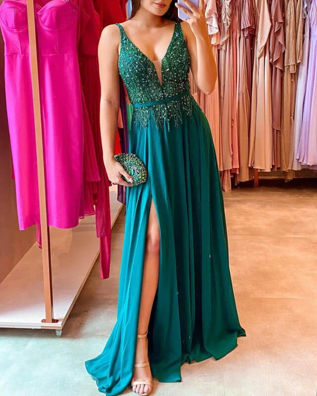 Fantastic Offers Green Chiffon V-neck Appliques Split Dress