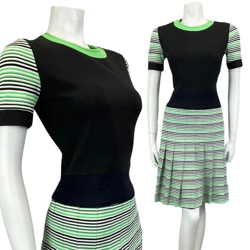 Shop and Save VINTAGE 60s 70s BLACK GREEN WHITE STRIPED PLEATED MIDI MOD DRESS 12