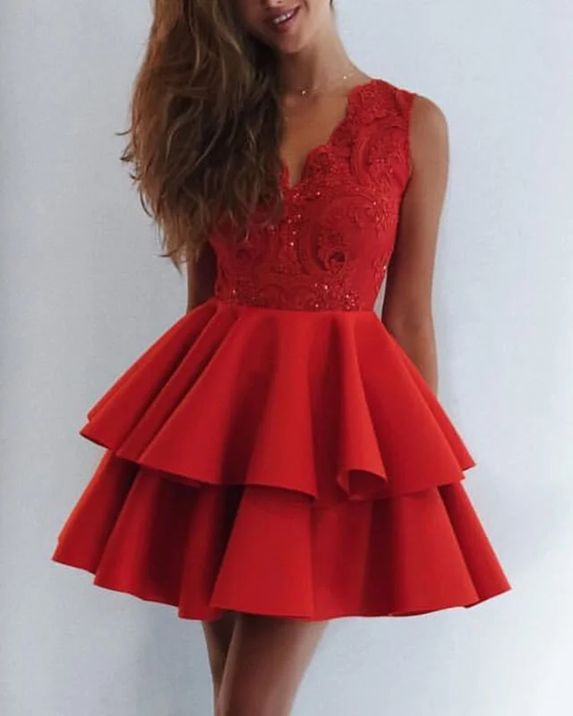 Great Bargains Short Red Lace V Neck Ruffles Satin Cocktail Dress