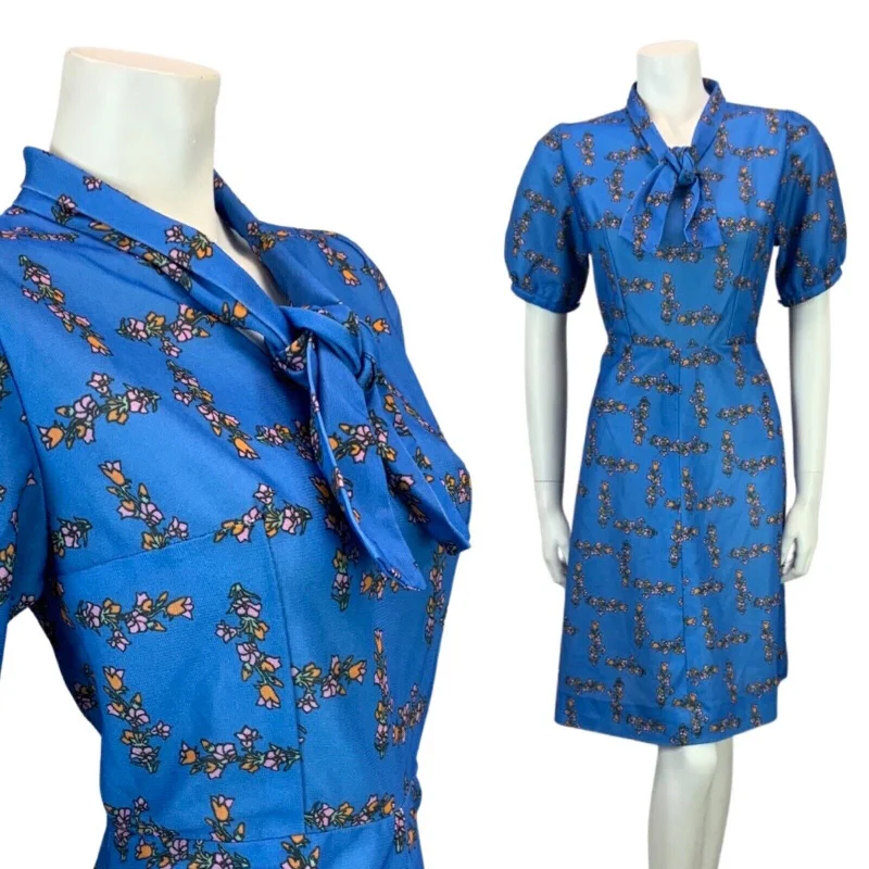Mega Sale VINTAGE 60s 70s BLUE PINK ORANGE FLORAL BOW TIE MOD MINI DRESS 8 10