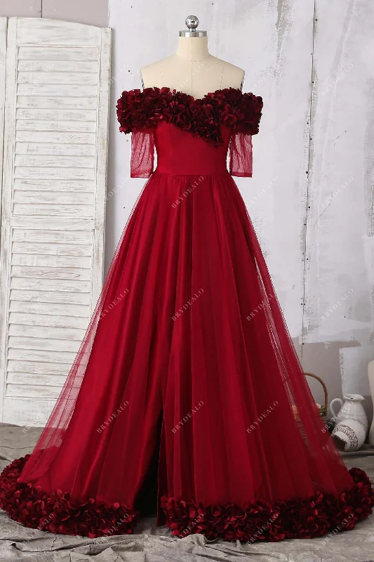 Friends and Family Sale Burgundy Off-shoulder Floral Slit Formal Dress