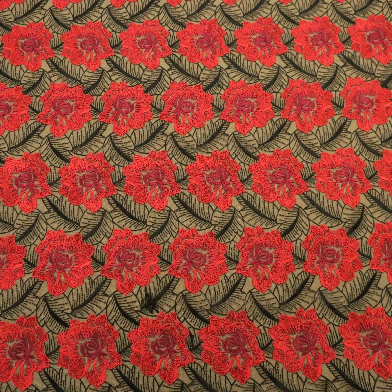 Price Buster Black Tulle with Coral Floral Design Embroidered  Fabric