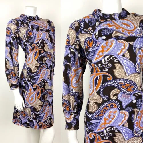 Midnight Madness VTG 60s 70s BROWN PURPLE BLUE ORANGE PAISLEY PSYCHEDELIC MOD SHIFT DRESS 14 16