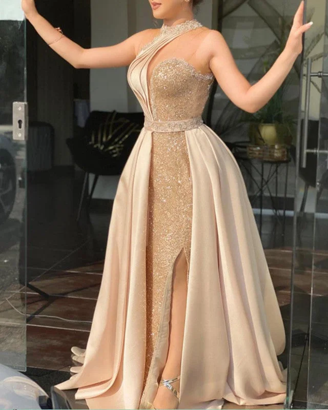 Value Deals Mermaid Split Sequins Dresses Halter Neck Satin Skirt