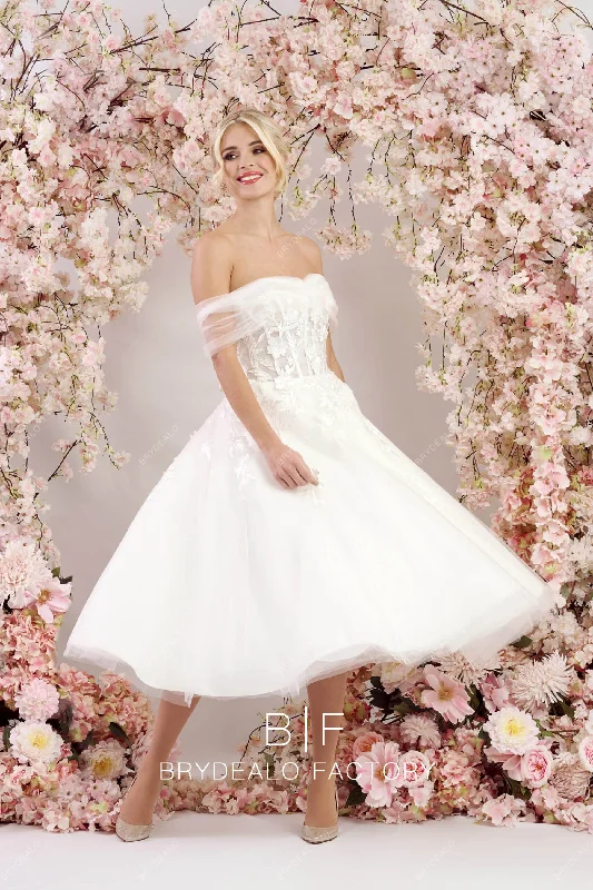Super Sale Off Shoulder Sweetheart Corset Tea-Length Wedding Dress