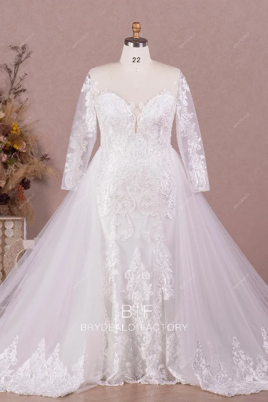 Act Now Illusion Neck Sleeved Lace Overskirt Wedding Gown