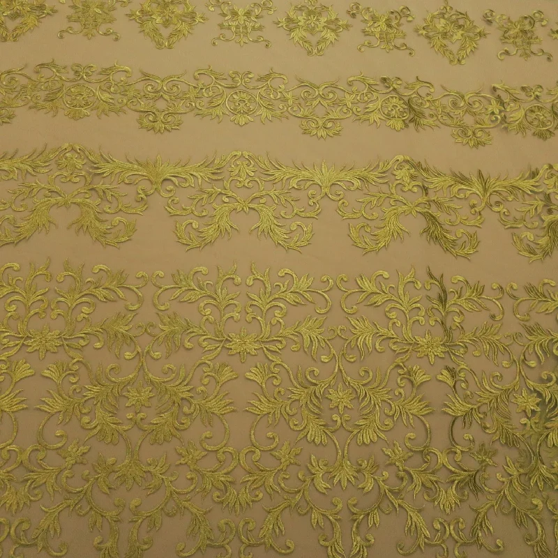 New Markdowns Gold Arabesque Embroidered Tulle Fabric