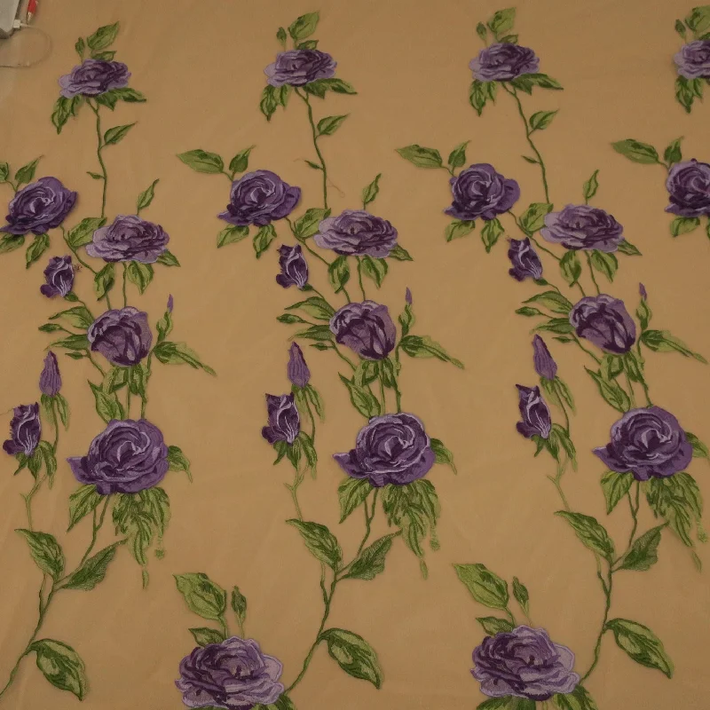 Reduced Prices Nude Tulle with Purple Flowers Embroidered Fabric
