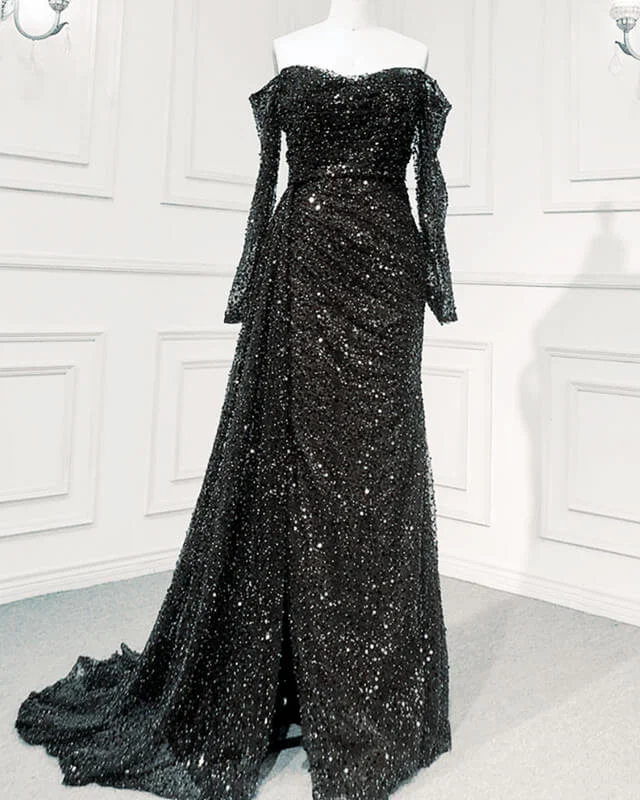 Amazing Deals Mermaid Sequins Beaded Off Shoulder Long Sleeve Dress