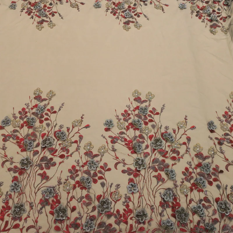 Doorbuster Deal Black Tulle With Silver and Red Floral Embroidery Fabric