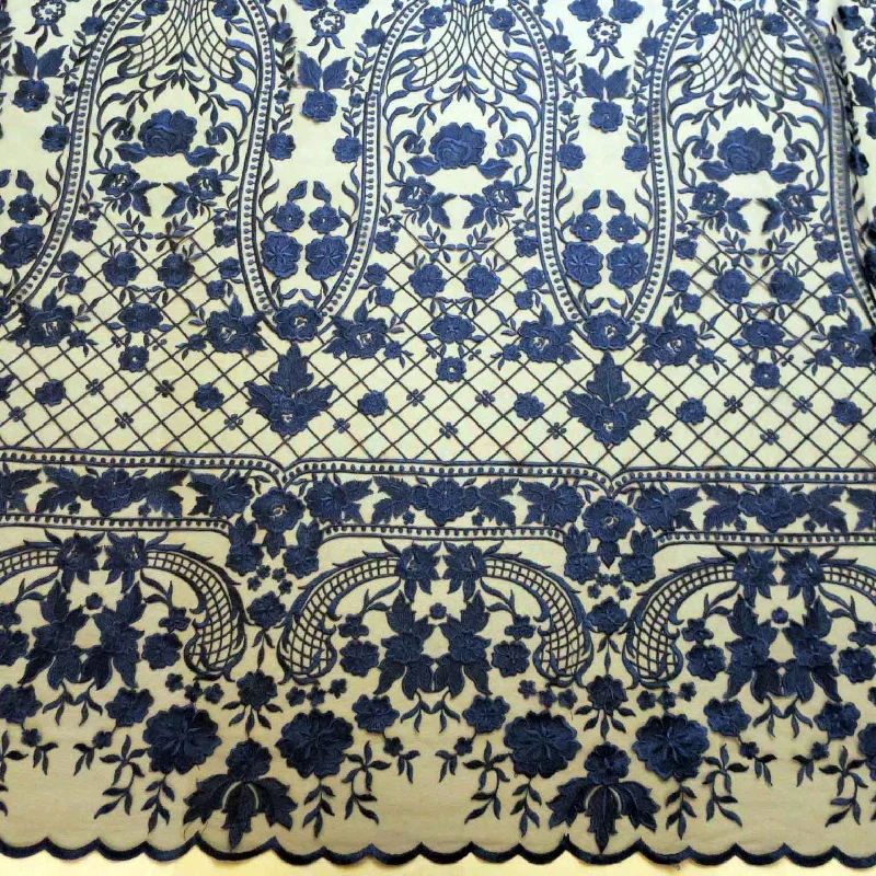 Price Meltdown Blue Geometric Embroidered Tulle Fabric