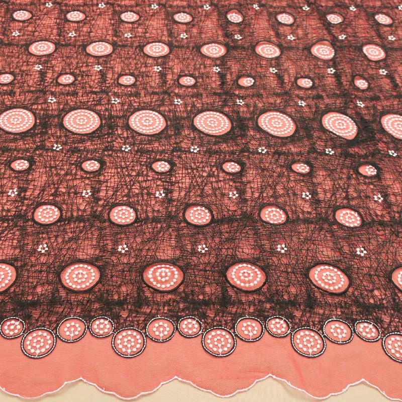 Massive Deals Red Tulle with 3D Black Web Double Scallop Design  Embroidered  Fabric