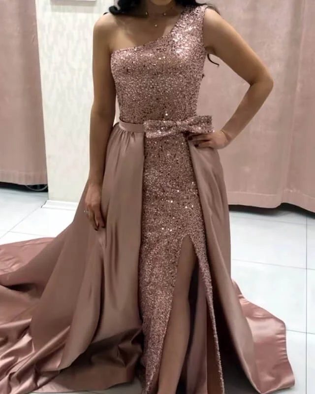Lowest Prices Mermaid Rose Gold Sequin Prom Dress Removable Train
