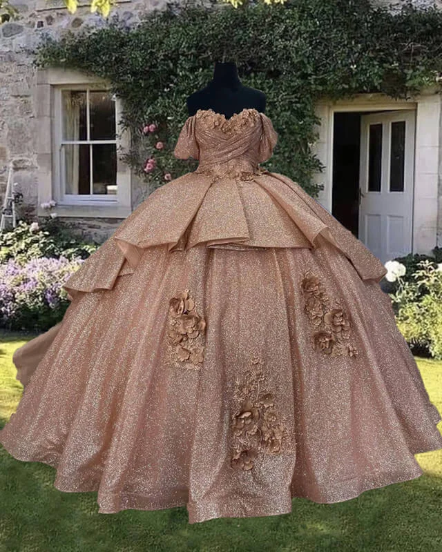 Lowest Prices Rose Gold Sparkly Ball Gown Off Shoulder Dress