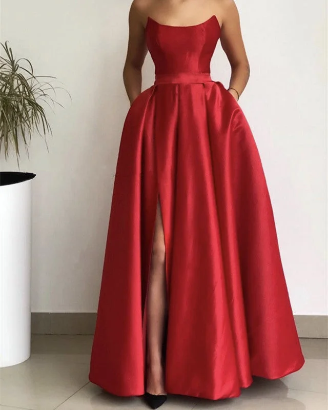 Price Meltdown Long Strapless Prom Dresses Satin With Pockets