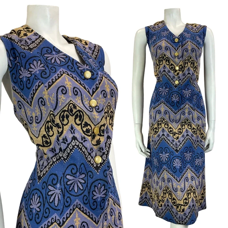 Overstock VTG 60S BLUE YELLOW BLACK SLEEVELESS BUTTON UP ZIG ZAG MIDI DRESS 16 18 L