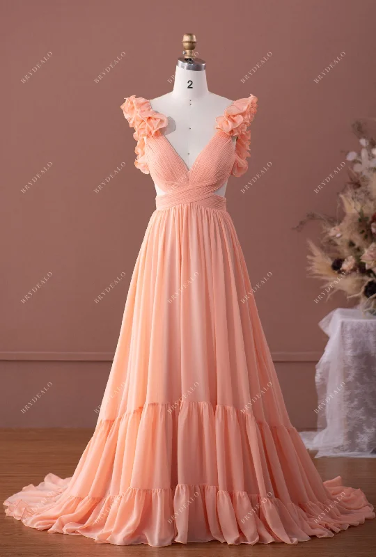 Special Price Peach Ruffled Sleeve Flowing Chiffon Formal Dress