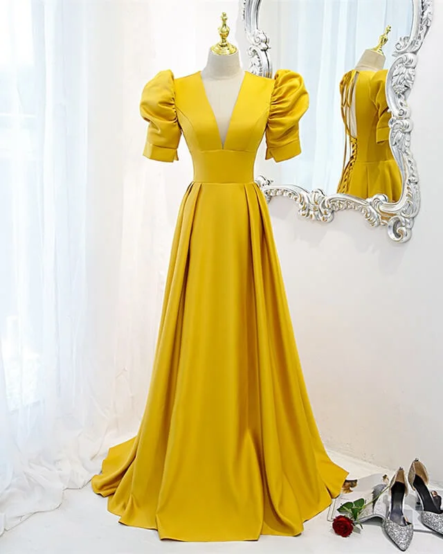 The Best Prices Mustard Yellow Satin Backless Dress With Sleeves