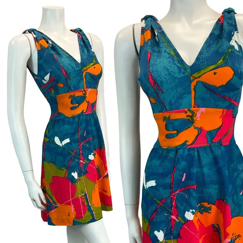 Daily Deals VTG 70S ABSTRACT FLORAL BRIGHT MINI SUMMER SUN DRESS 8 10