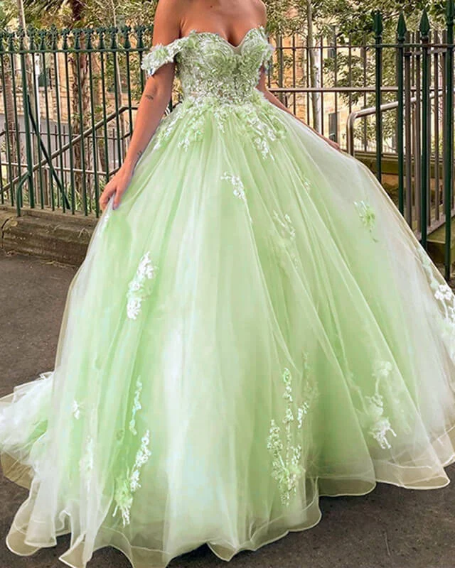 Limited Time Offer Sage Off-The-Shoulder 3D Flowers Ball Gown Dress