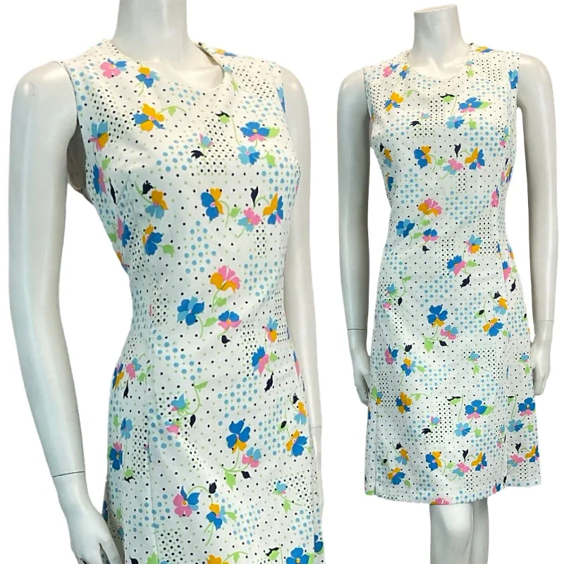 Discount Deals VTG 60S 70S SUMMER MOD GOGO SCOOTER MINI DRESS FLORAL DOTS 8 10