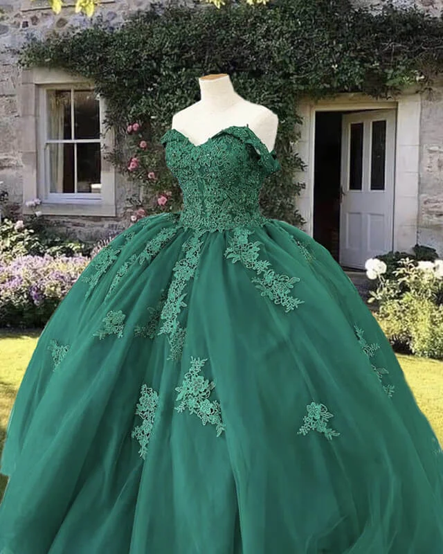 Warehouse Sale Emerald Off Shoulder Tulle Ball Gown Appliques Dress
