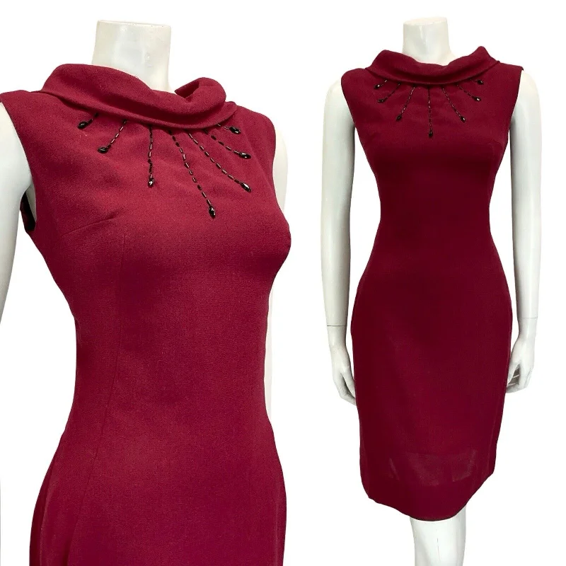 Get It Before It’s Gone VTG 60S BERRY RED BLACK BEADED BOAT NECK SLEEVELESS PARTY MIDI PENCIL DRESS 12