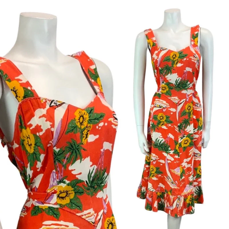 Grand Opening Sale VINTAGE 60s 70s ORANGE YELLOW WHITE GREEN FLORAL PRINT FRILLY MIDI DRESS 12 14