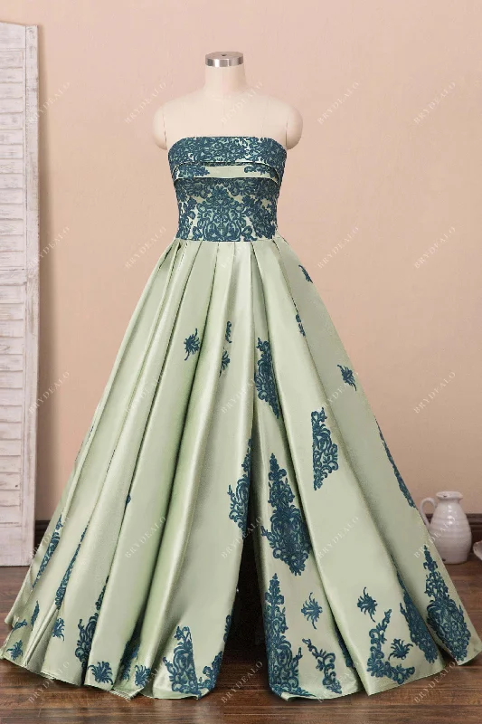 Discount Days Sage Satin Peacock Lace Strapless Slit Prom Dress