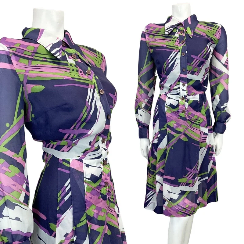 Referral Discount VINTAGE 60s 70s NAVY BLUE GREEN PURPLE PLEATED MIDI MOD DRESS 16