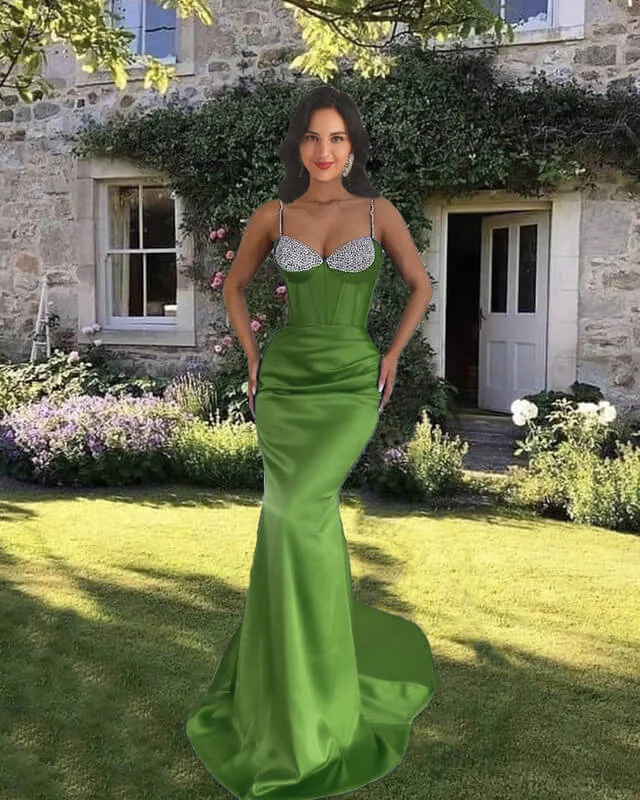 Don’t Miss Out Mermaid Beaded Spaghetti Straps Satin V-neck Dress