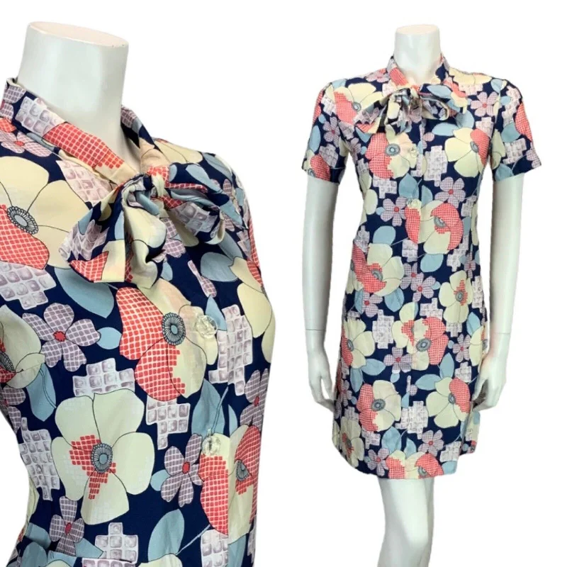 Crazy Deals VINTAGE 60s 70s NAVY BLUE RED LILAC FLORAL PRINT BUTTON DOWN MIDI DRESS 10