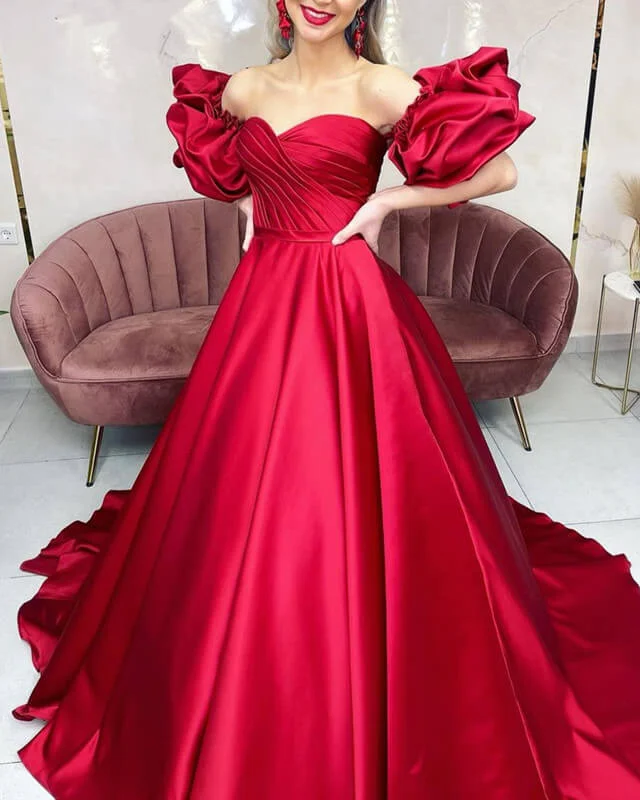 Mega Sale Red Removable Sleeve Ball Gown Satin Dress