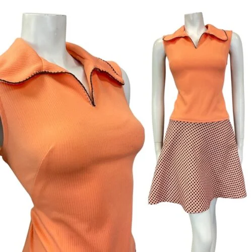 Amazing Deals VINTAGE 60s 70s PEACH BROWN WHITE CHECKERBOARD MOD BEAGLE COLLAR SWING DRESS 14