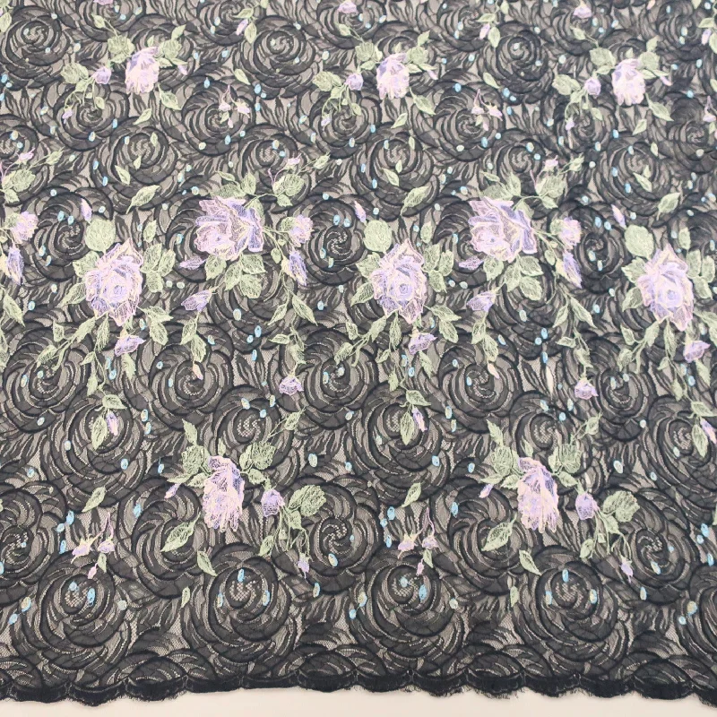 Lowest Prices Black Tulle with Pink and Gold Floral Embroidered Fabric