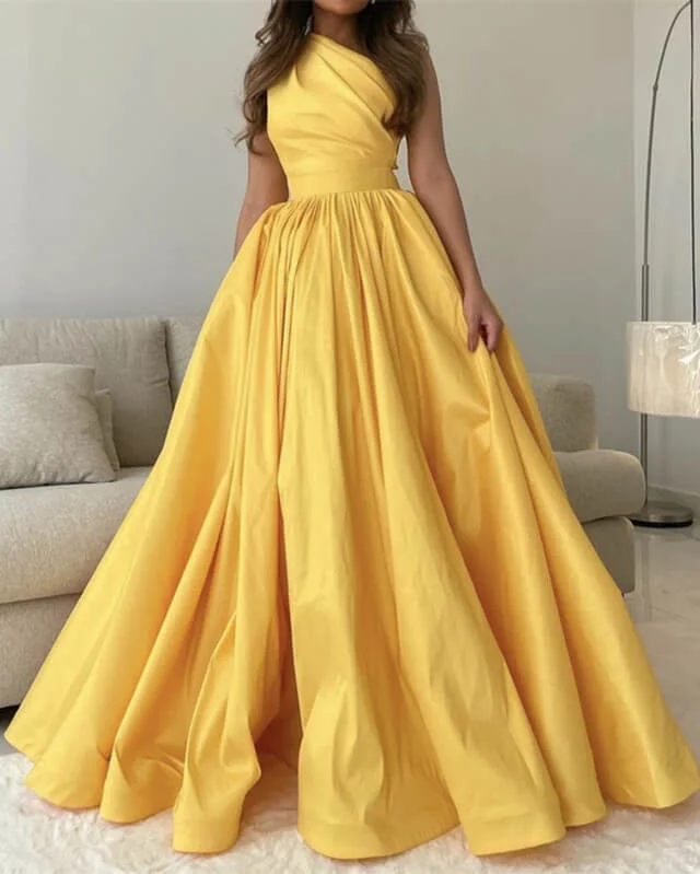 Limited Time Offer Bright Yellow Satin One Shoulder Dress