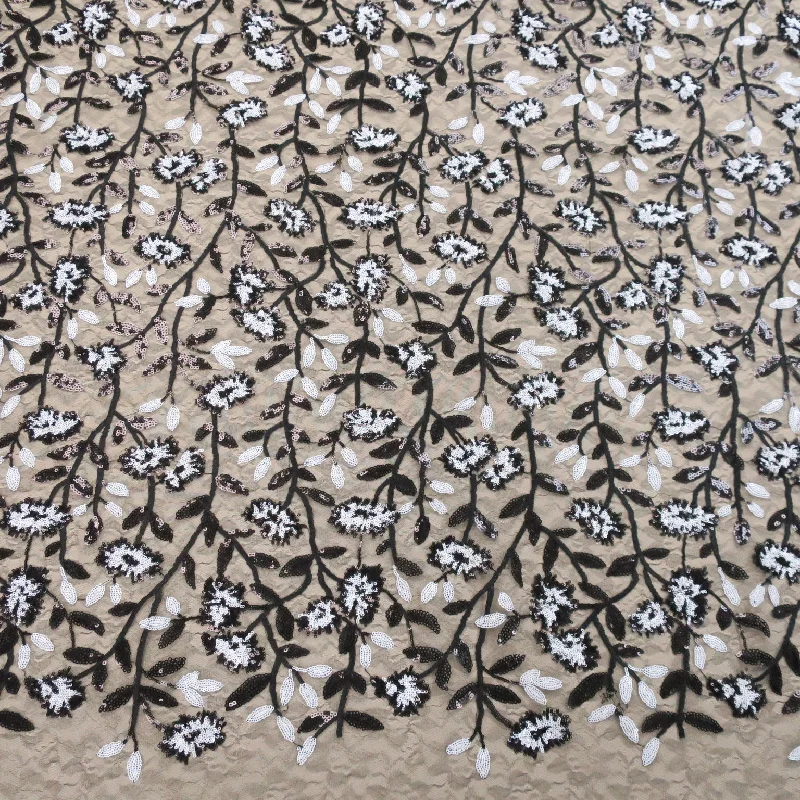 Today’s Deal Black Tulle with White Floral Sequins Embroidered Fabric