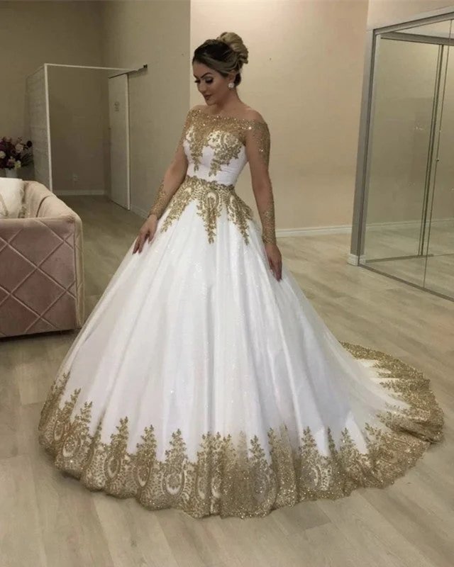 Online Only Gold And White Wedding Dress Lace Beaded Off Shoulder