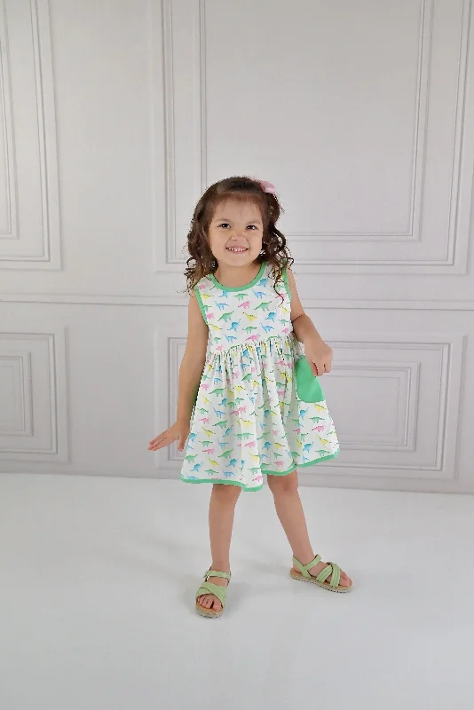 Shop and Save Peony Bow Pocket Dress-Watercolor Dino