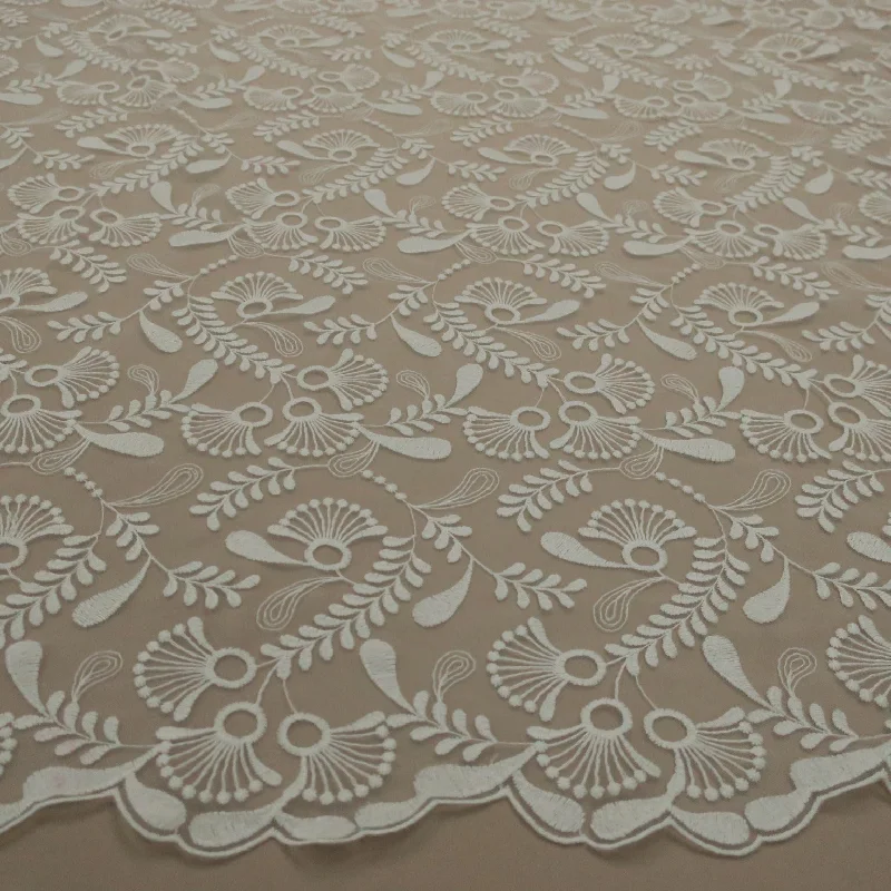 Online Specials Off White Tulle with White Leaves  Design Double Scallop Embroidered Fabric