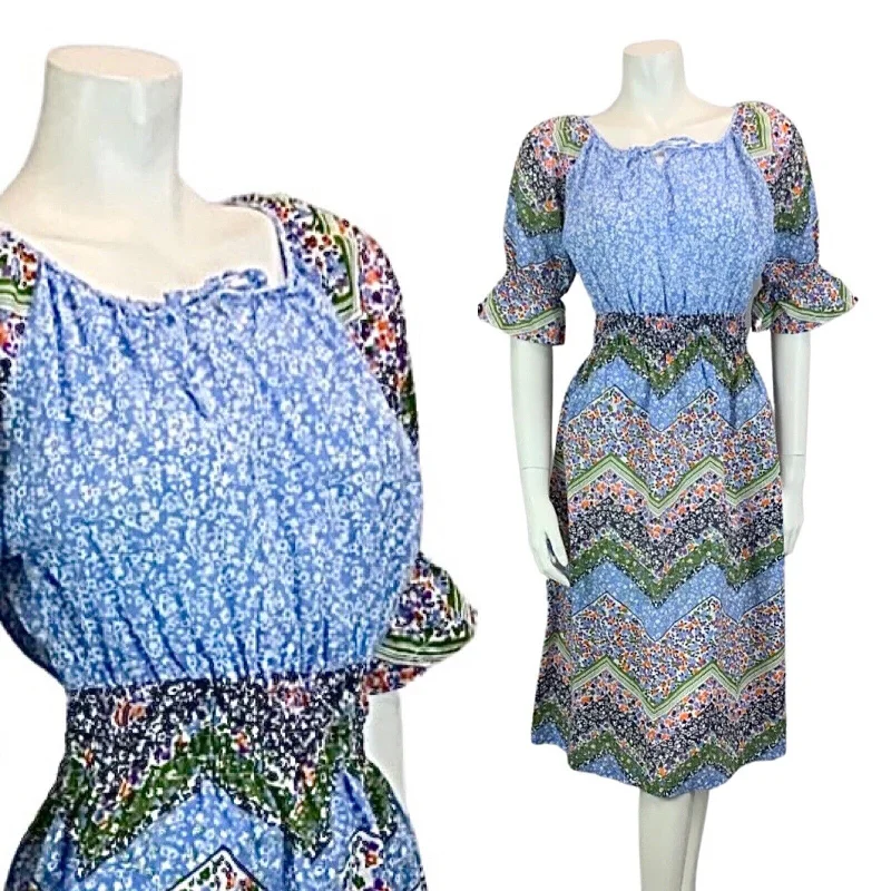 Lowest Price VINTAGE 60s 70s BLUE ORANGE GREEN PURPLE FLORAL PRINT PRAIRIE FOLK DRESS 8