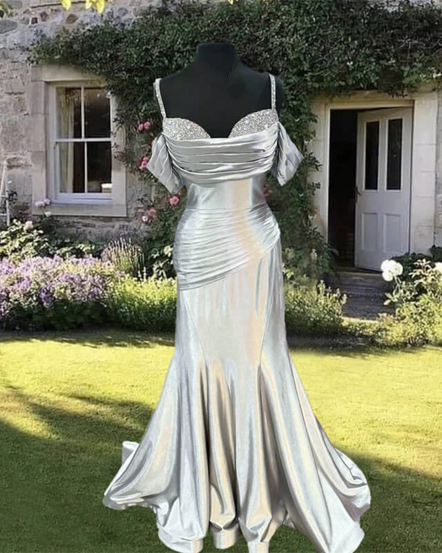 Mega Sale Mermaid Silver Satin Cold Shoulder Dress