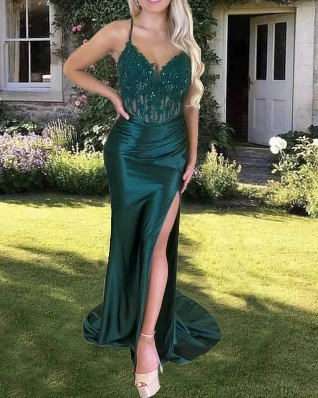 Season Finale Sale Green Satin Mermaid Cross Back Split Dress