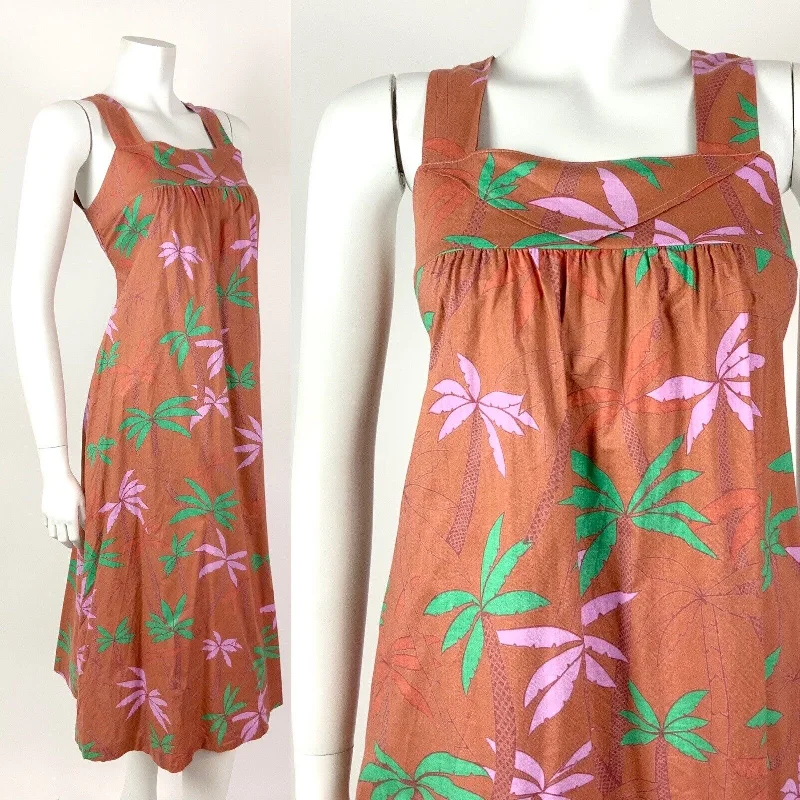 Weekend Deal VINTAGE 70s 80s BROWN GREEN PINK PALM TREE LEAFY SLEEVELESS TENT DRESS 8