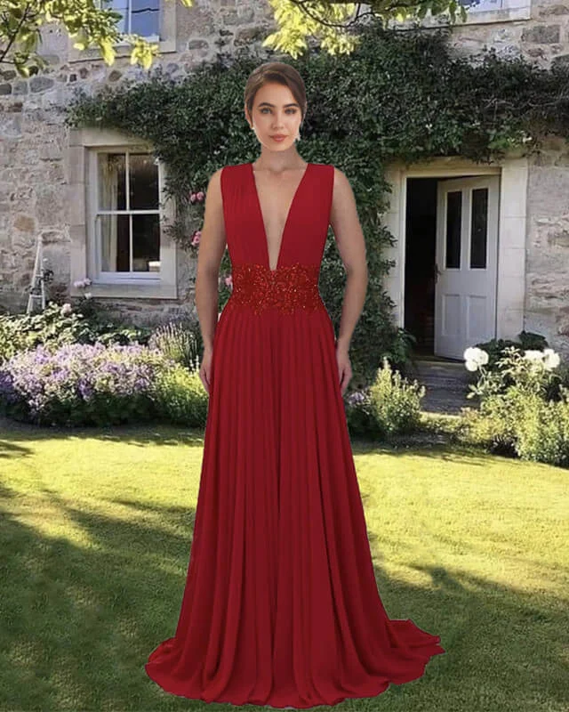 Today’s Special Deep Red Chiffon V-neck Floor Length Dress