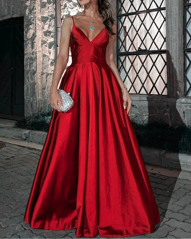Deal Zone Long Red V-neck Open Back Satin Dress