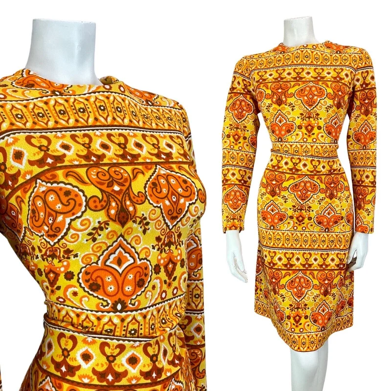 Crazy Savings VINTAGE 60s 70s YELLOW BROWN ORANGE MANDALA FLOWER PSYCHEDELIC FITTED DRESS 12