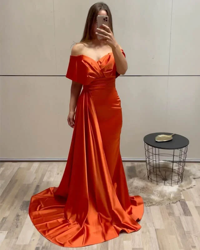 Savings Galore Mermaid Off The Shoulder Orange Satin Dress