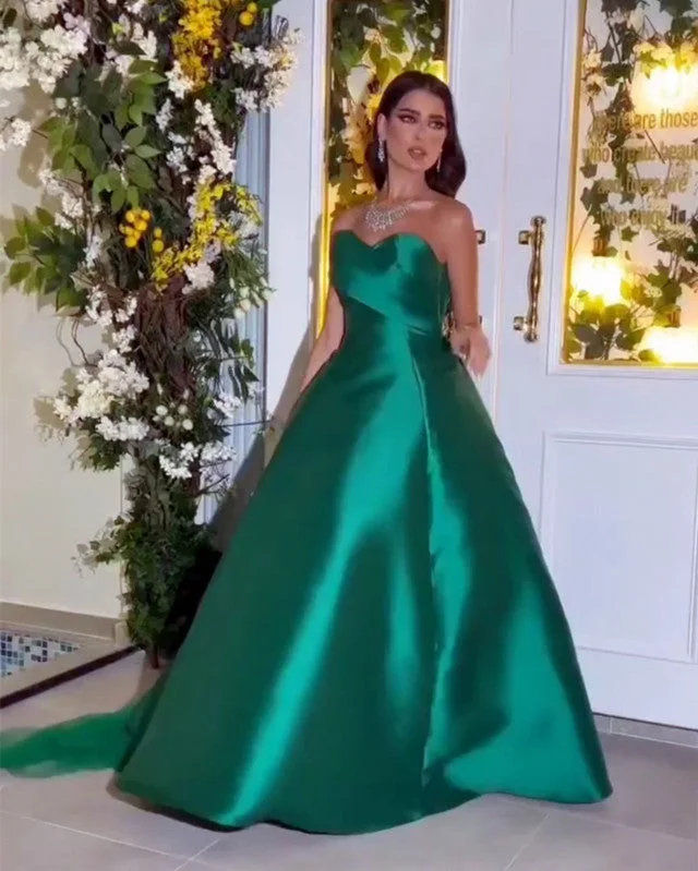Act Fast Emerald Satin Strapless Ball Gown Dress